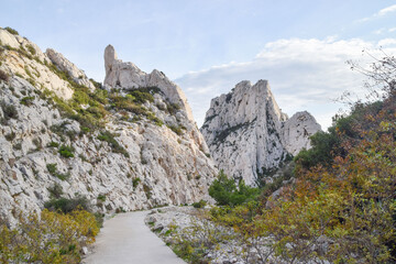 Rock formations in Calanques National Park next to Marseille, South of France.