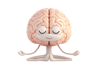Cute cartoon brain character meditating in yoga lotus position, isolated on a transparent background