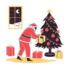 Santa claus decorating a christmas tree with presents on a festive night indoors at home