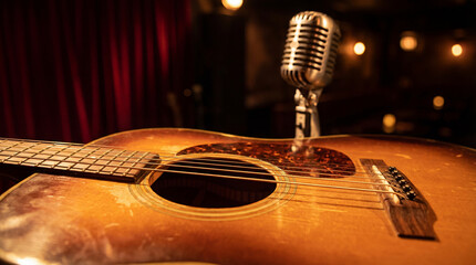 Vintage acoustic guitar and retro microphone on dimly lit stage in cozy music club ready for intimate live performance