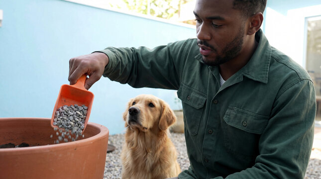 Man preparing outdoor planter with gravel drainage while attentive golden retriever watches in backyard garden on a calm sunny day - Powered by Adobe