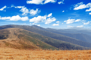 A mountain landscape with rolling hills covered in dry grass in the foreground and receding ridges under a bright blue sky with white clouds.