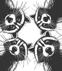 Fototapeta premium three raccoons peering downward with wide-eyed expressions, ideal for humor or wildlife themes sketch engraving generative ai vector illustration. Scratch board imitation. Black and white image.