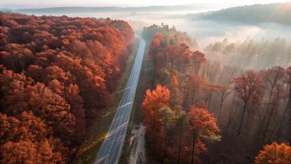 A high-altitude drone shot capturing a narrow forest road cutting through a vast canopy of fiery red and burnt-orange autumn foliage, soft sunlight filtering through the treetops.