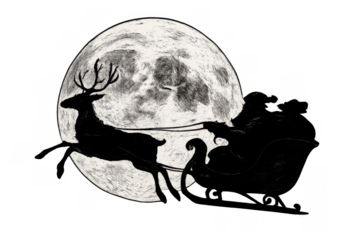 Santa claus silhouette flying with reindeer and sleigh against full moon, delivering presents on a clear christmas night