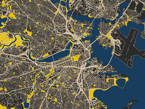 Poster-style map of Boston, Massachusetts using dark map with yellow accents