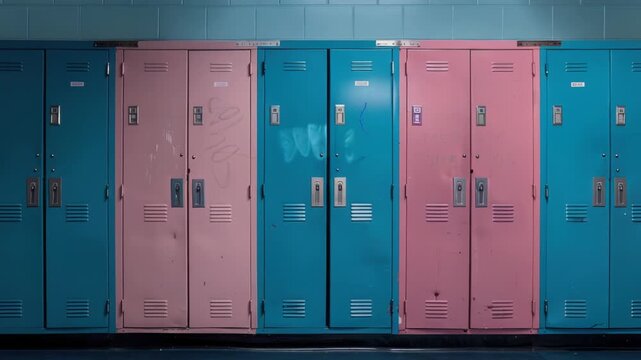 Video Two adjacent lockers in a school hallway, painted in bright colors