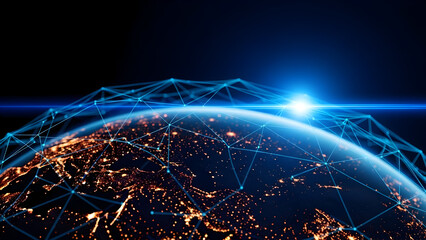 Global network connection over earth at night with city lights