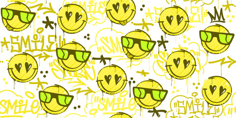 Seamless Cool Abstract Street Art Graffiti Style Happy Smiling Faces Background