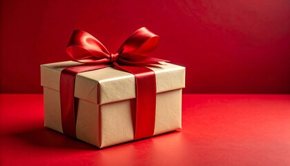 Obraz premium Gift box with red ribbon on red background.