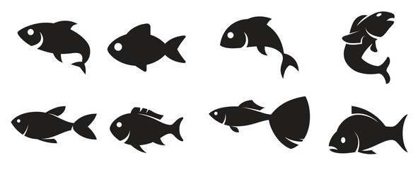 fish set black simple icons on white background 