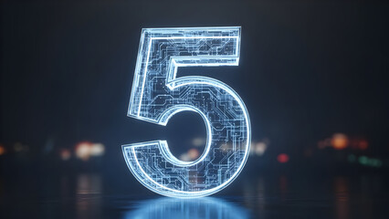 Glowing number five with circuit board pattern on dark background
