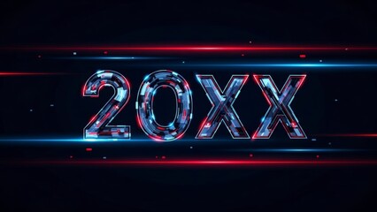 Futuristic 20XX text with glowing blue and red light trails on a dark background.