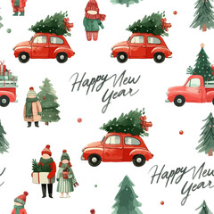 Whimsical New Year Pattern with Red Cars and Trees