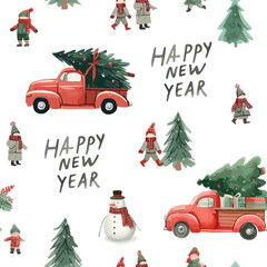 Whimsical New Year Pattern with Red Cars and Trees