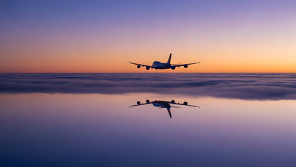 Fototapeta premium Airplane taking off over water reflecting in calm sunset skies