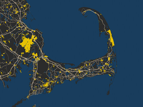 Flat city map of Cape Cod, Massachusetts in noir yellow color palette
