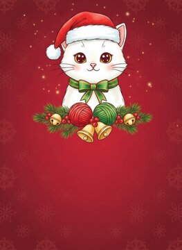 cat Christmas greeting invitation card, holidays, cute santa, illustration message card