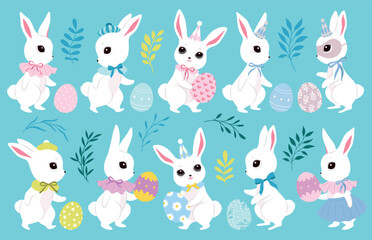 Cute Easter bunnies, color clothes, cutie bows, pattern eggs. Spring collection. Sticker design. Set of easter eggs, cute white rabbits. Happy Easter. Greeting cards, birthday decoration, poster art