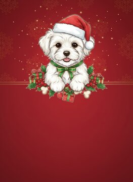 maltese dog puppy Christmas greeting invitation card, holidays, cute santa, illustration message card