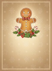 Gingerbread Christmas greeting invitation card, holidays, cute santa, illustration message card