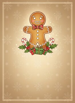 Gingerbread Christmas greeting invitation card, holidays, cute santa, illustration message card