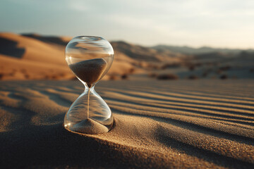 Hourglass sand desert time glass dunes, close up of glass timer half buried in warm sunlight on rippled sand, concept of passing moments and patience, calm