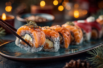 Sushi salmon rolls with creamy filling on ceramic plate held by chopsticks for elegant seafood appetizer closeup of rice texture nori garnish and festive bokeh lights backdrop