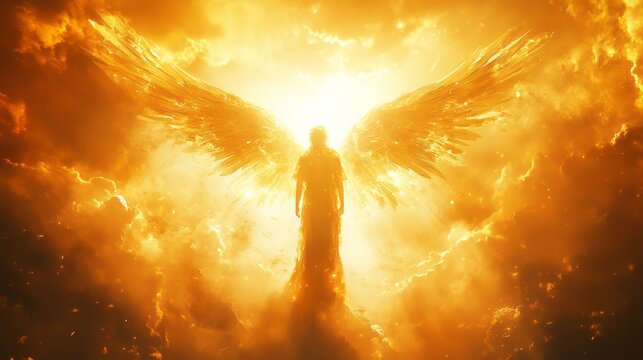 The silhouette of a female angel stands against a vibrant and fiery backdrop, creating a breathtaking ethereal image that deeply evokes feelings of bliss and awe within the observer who gazes upon it