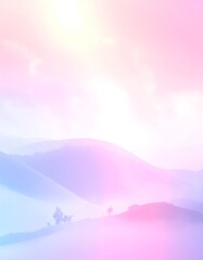Dreamy pastel landscape with rolling hills and ethereal mist at sunrise, creating a serene and tranquil atmosphere.