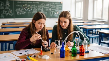 Fototapeta premium Young female students diligently conduct a captivating chemistry experiment, exploring scientific principles with colorful solutions in a bright, modern classroom