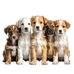 Five adorable mixed-breed puppies sitting together against a black background.