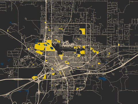 Urban map of Cheyenne, Wyoming in a dark flat palette: dark noir-style city field with soft cream lines and strong yellow points of interest against deep blue water