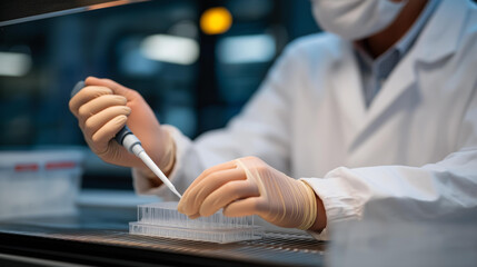 A laboratory scientist adjusting sterile gloves inside a biosafety cabinet, fingertips steady as they handle delicate pipettes and microtubes &mdash; contamination prevention, molecular research, and