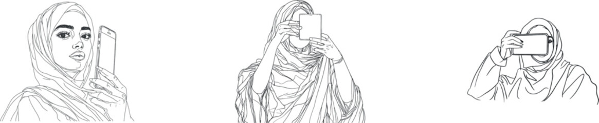 A continuous line drawing of a girl taking a selfie, rendered in a minimalist hand-drawn style, represents modern art
