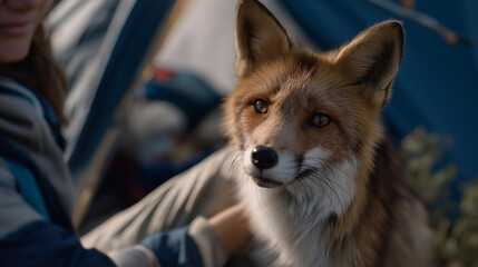 Naklejka premium A veterinary surgeon stitching a wound on a rescued wildlife fox, outdoor field tent blowing softly in the wind — wildlife rehabilitation surgery, rescue medicine, and front-line animal