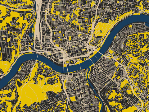 Flat city map of Cincinnati, Ohio &mdash; deep charcoal background with clean cream streets and sharp safety-yellow highlights, accented by ink-blue water