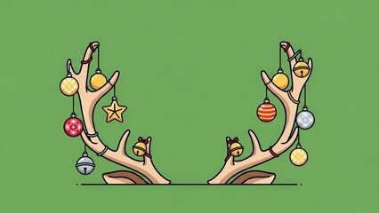 Christmas Reindeer Antlers Decorated with Festive Ornaments on a Green Background.