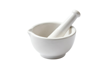 White ceramic mortar and pestle for grinding ingredients