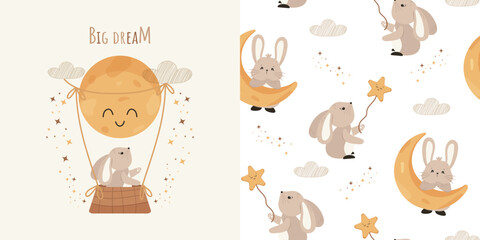 Children's background and seamless pattern for decorating children's rooms, bedding, wrapping paper, and more. Vector design in pastel colors.