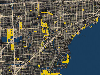Flat city map of Coral Gables, Florida &mdash; dark noir-style city field with soft cream lines and strong yellow points of interest against deep blue water