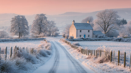 cottage countryroad snow frost sunrise farmhouse winter rural, isolated stone house by a snowy lane at dawn with frosted trees and hedgerow, tranquil landscape with soft pink sky