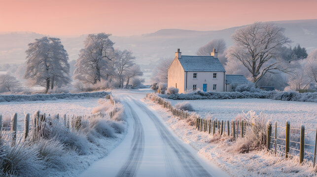 cottage countryroad snow frost sunrise farmhouse winter rural, isolated stone house by a snowy lane at dawn with frosted trees and hedgerow, tranquil landscape with soft pink sky - Powered by Adobe