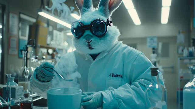 Innovative rabbit scientist in laboratory conducting experiments with beakers and dry ice