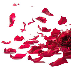 Fototapeta premium Vibrant red rose petals cascade dramatically against a stark black background.