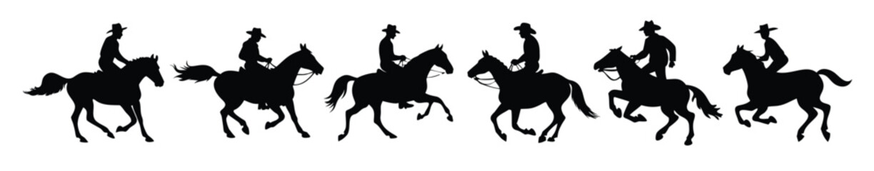 Cowboy riding horse silhouette vector set
