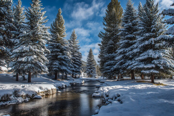 Snowy pine trees creek winter landscape snow river forest blue sky sunlight reflections tranquil stream flowing through snow covered banks and conifer grove in cold season morning outdoors