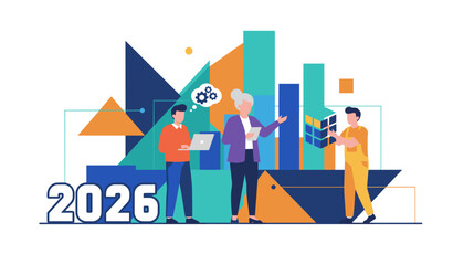 Business team analyzing data and planning strategy for the year 2026