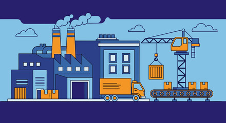 Obraz premium Manufacturing factory complex with logistics operations crane truck and conveyor belt