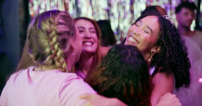 Bachelorette party, hug and music with friends of bride in nightclub together for celebration. Dance, energy and smile with group of happy women at social event for evening entertainment or fun